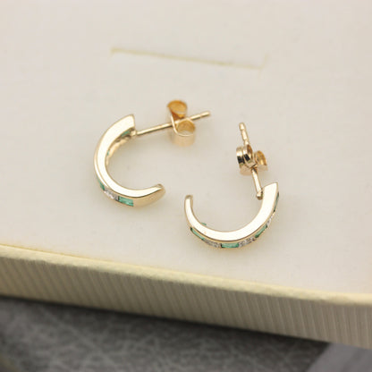 Pre-owned 9ct Gold Emerald and Diamond Half Hoop Earrings
