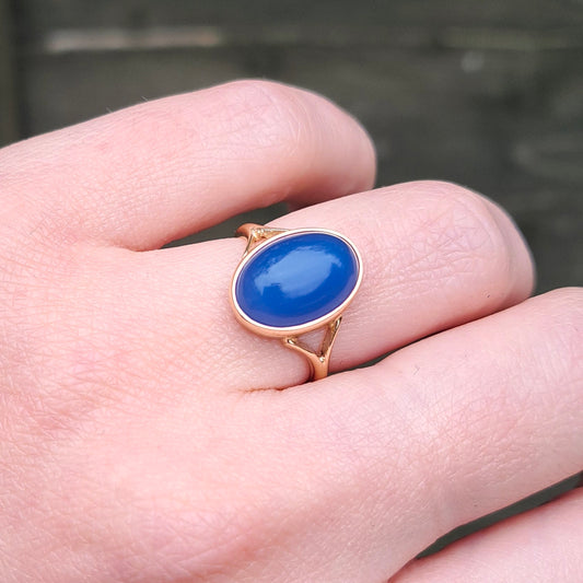Vintage 9ct Gold and Blue Chalcedony Ring, 1977