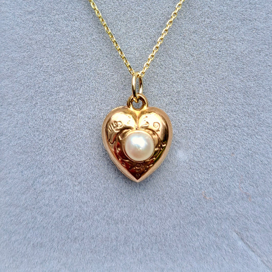 Vintage 9ct Gold Engraved Puffy Heart Charm with Pearl, 11mm
