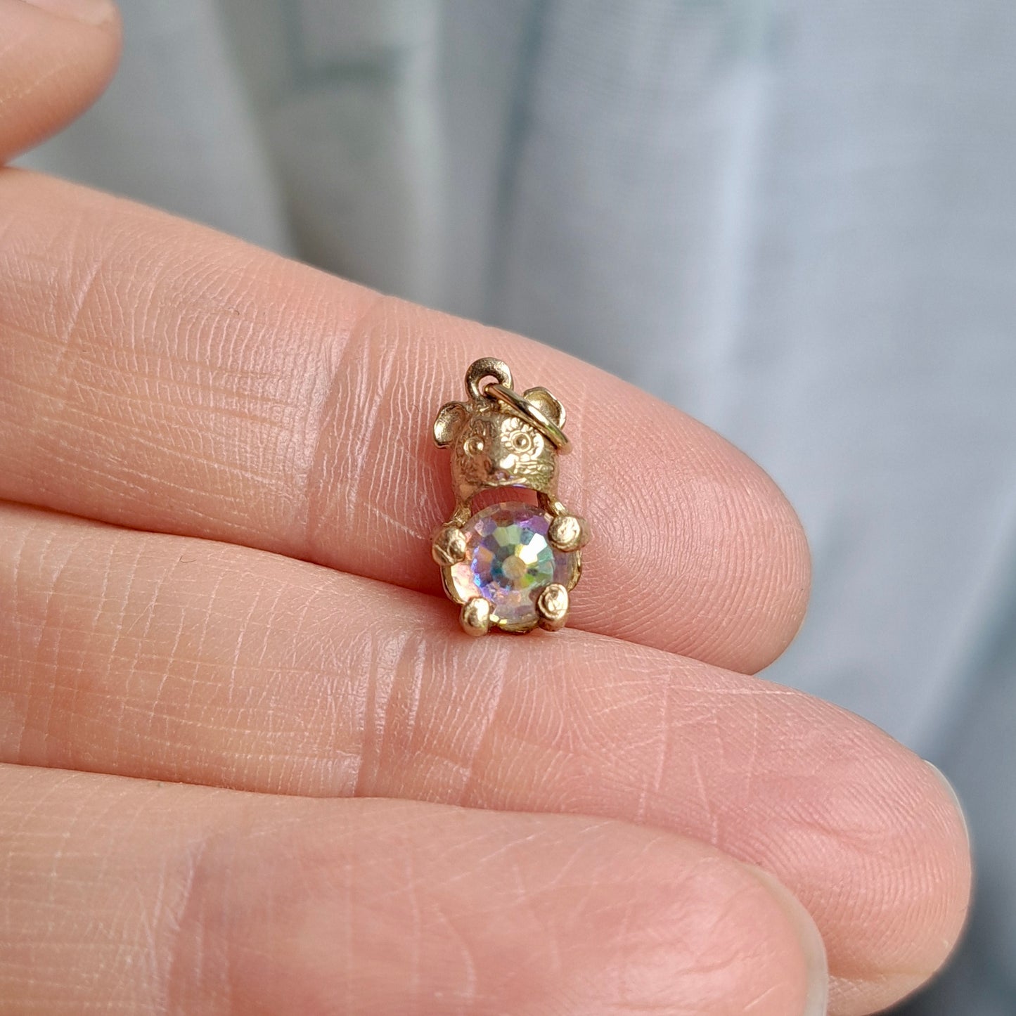 Vintage 9ct Gold Teddy Bear Charm with AB Crystal Belly, 1980s