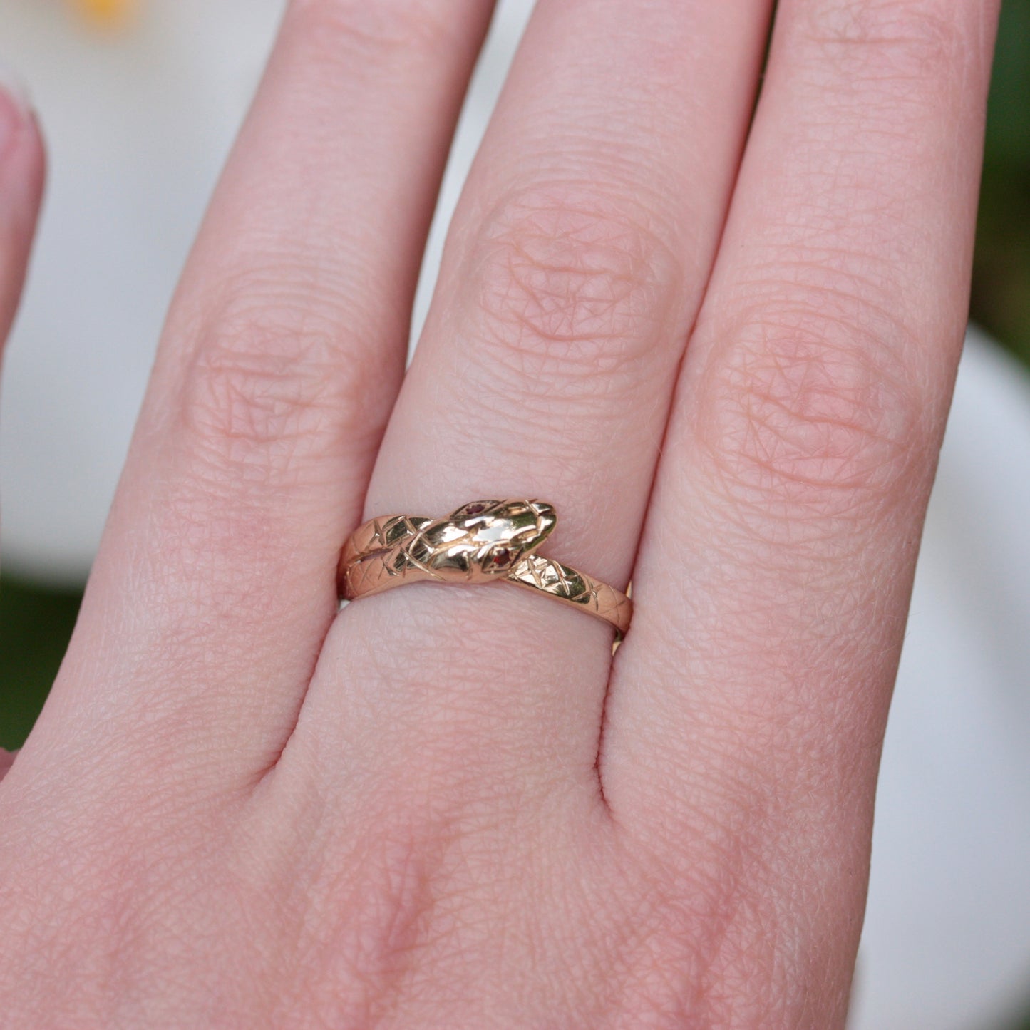 Vintage 9ct Gold and Garnet Snake Ring, 1987