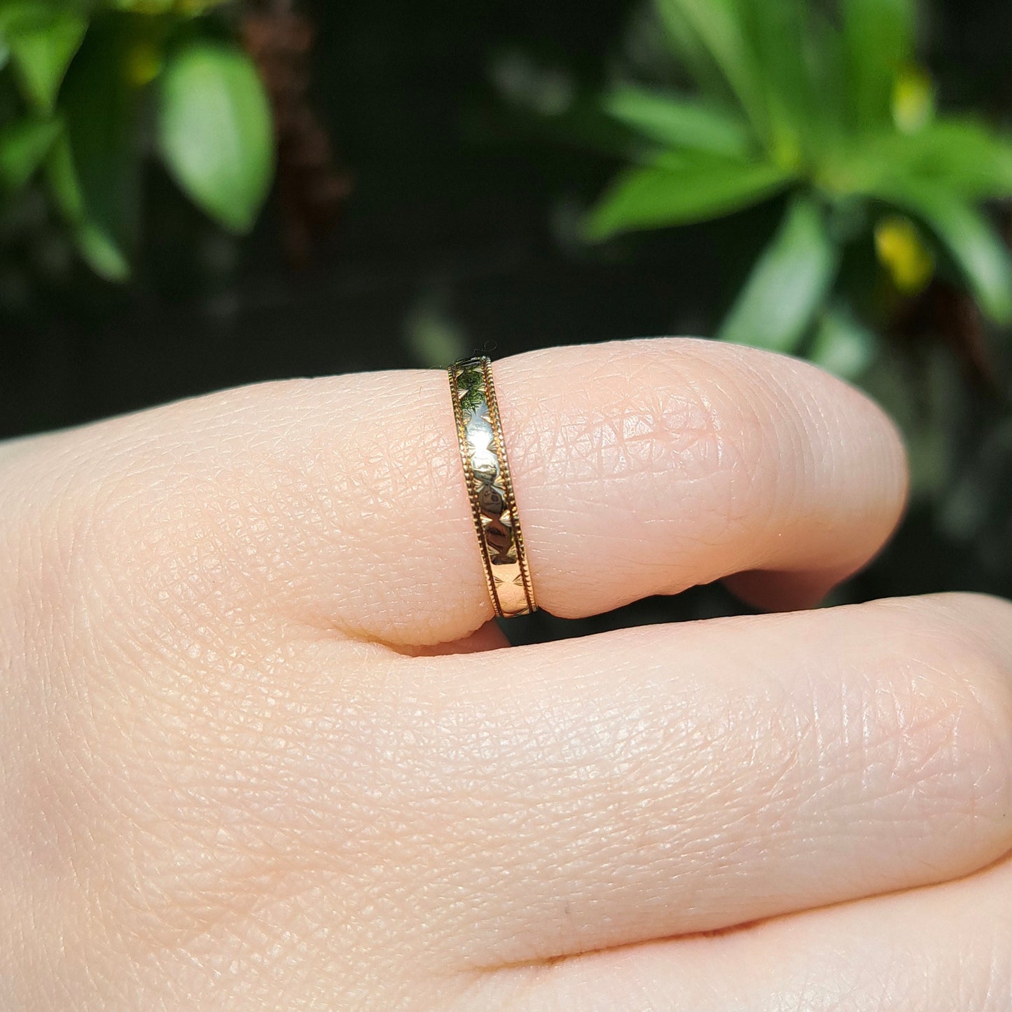 Vintage 9ct Gold Skinny Patterned Band Ring, 1989