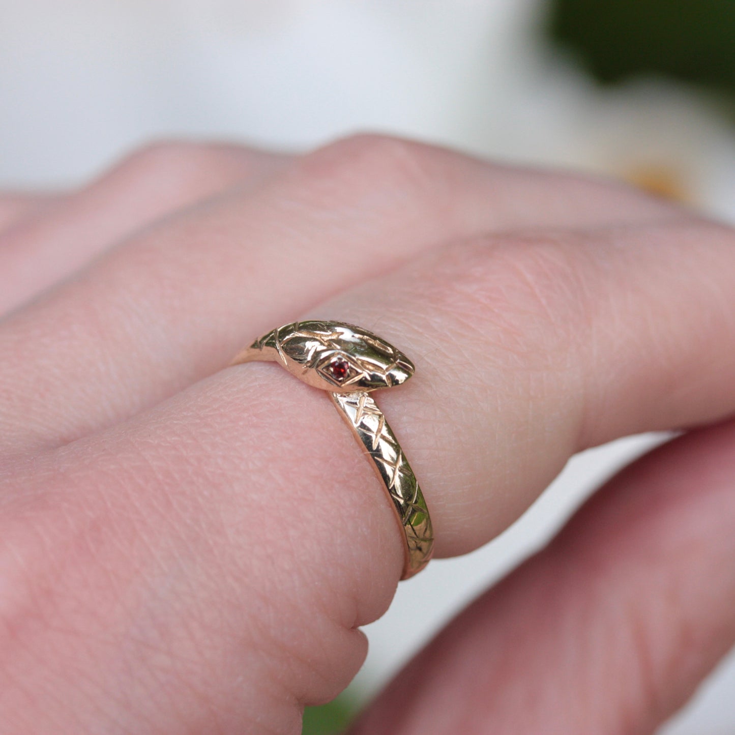 Vintage 9ct Gold and Garnet Snake Ring, 1987