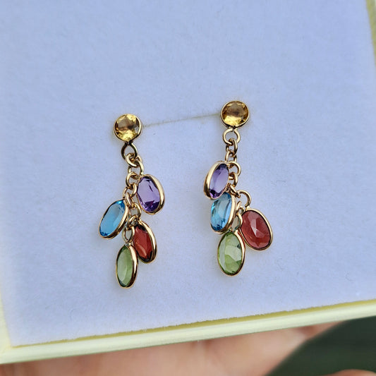 Pre-owned 9ct Gold Multi Gemstone Dangle Earrings