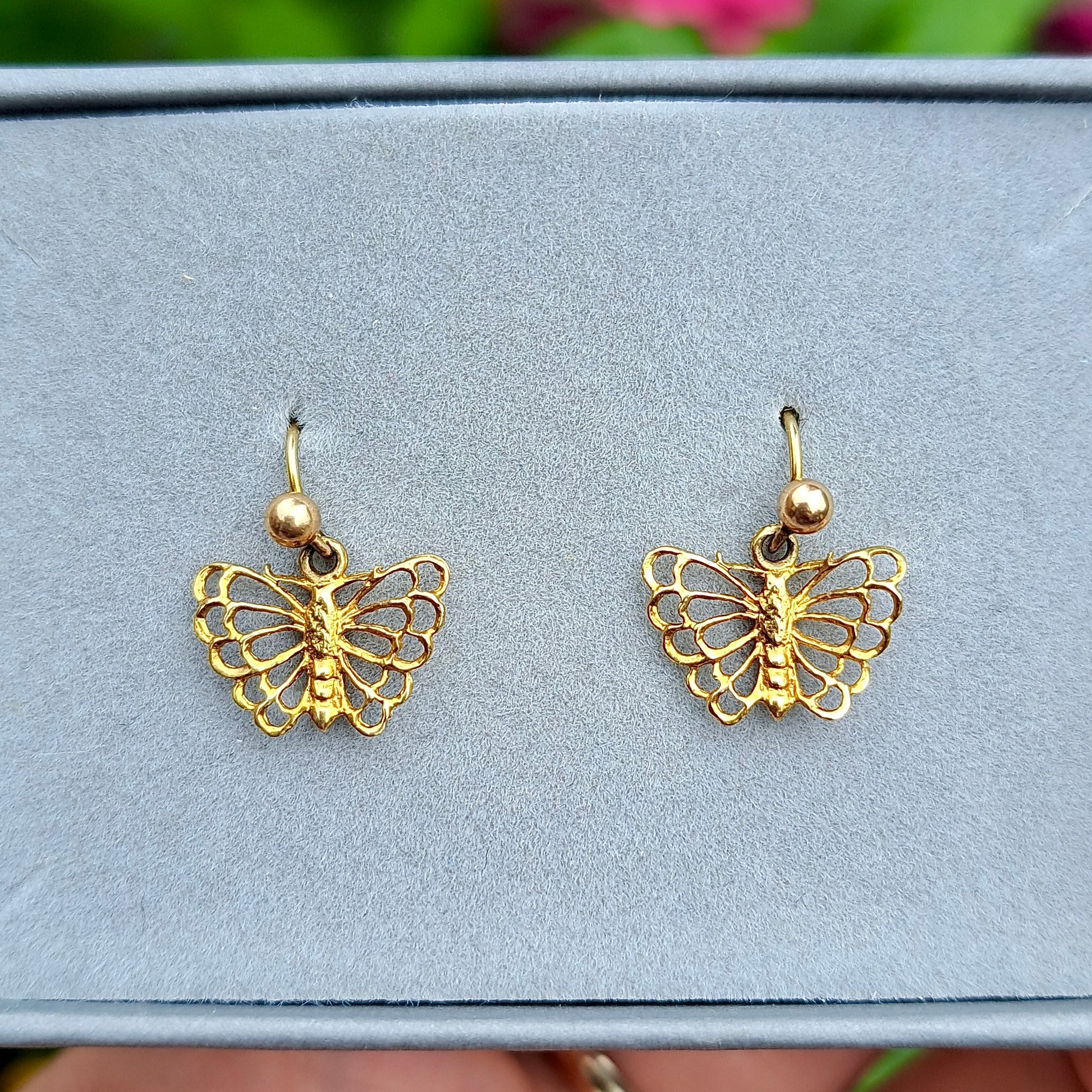 vintage solid 9ct yellow gold butterfly dangle earrings 1977