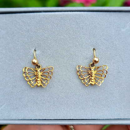 vintage solid 9ct yellow gold butterfly dangle earrings 1977