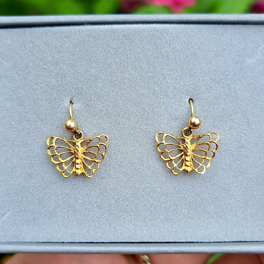 vintage solid 9ct yellow gold butterfly dangle earrings 1977