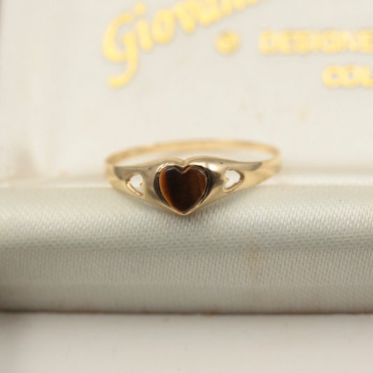Dainty Vintage 9ct Gold Tiger's Eye Heart Ring, 1984