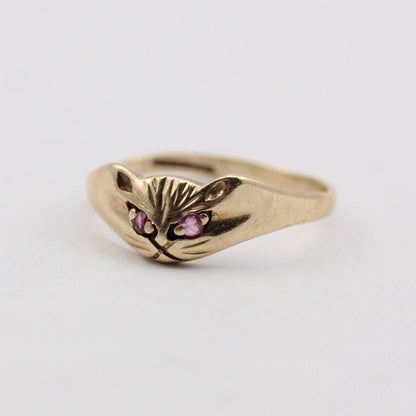 Vintage 9ct Gold Cat Ring with Ruby Eyes, 1991