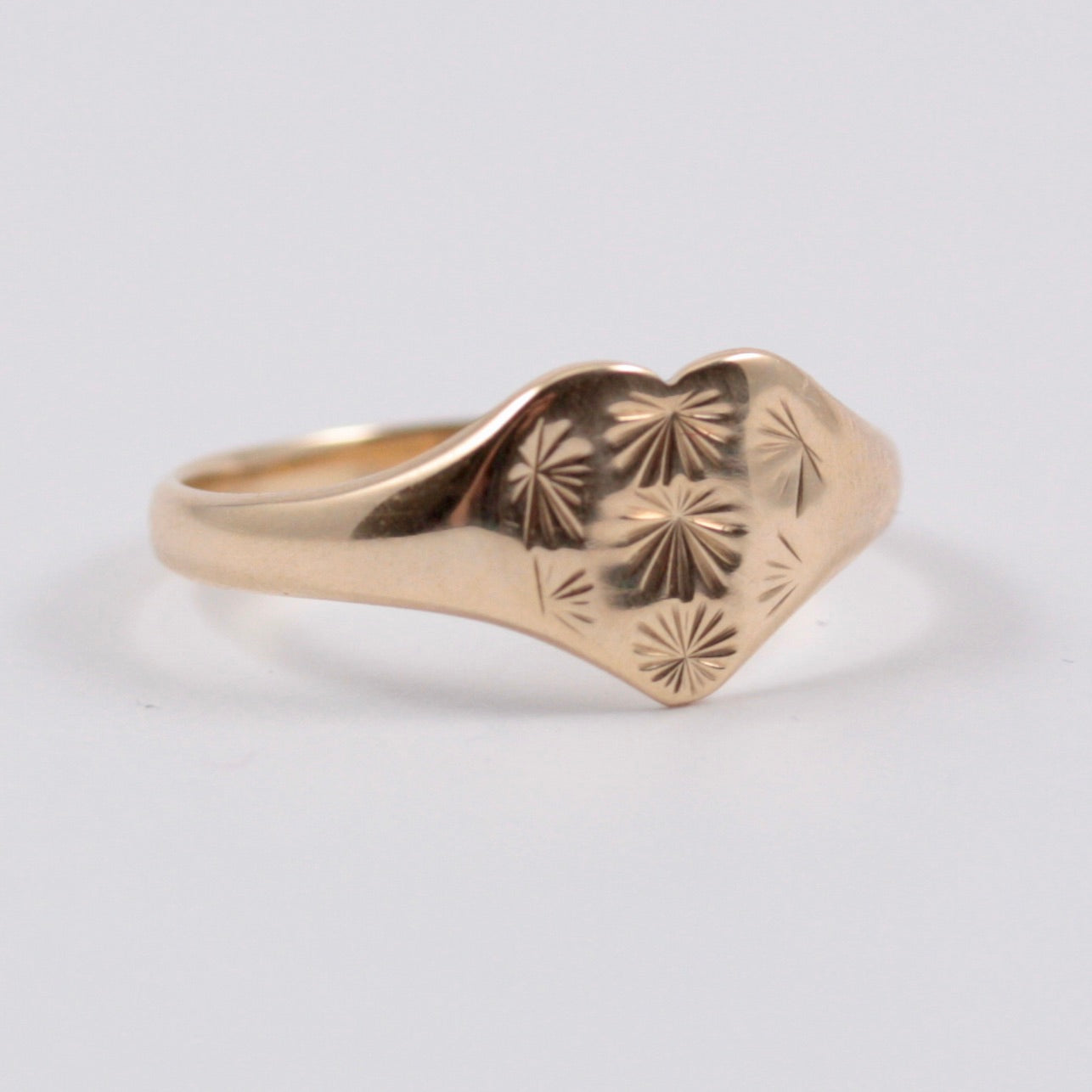 Vintage 9ct Gold Star Engraved Heart Signet Ring, 1977