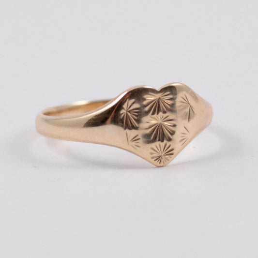 Vintage 9ct Gold Star Engraved Heart Signet Ring, 1977