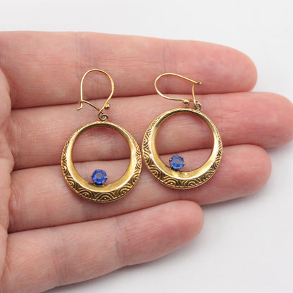 Vintage 9ct Gold Dangle Hoop Earrings with Blue Crystal, 1976