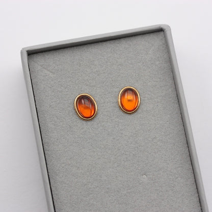 Vintage 9ct Gold Oval Amber Stud Earrings, 9mm, c1980s