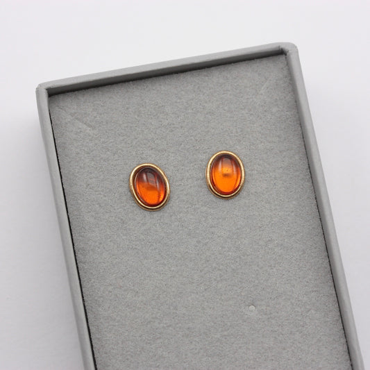 Vintage 9ct Gold Oval Amber Stud Earrings, 9mm, c1980s