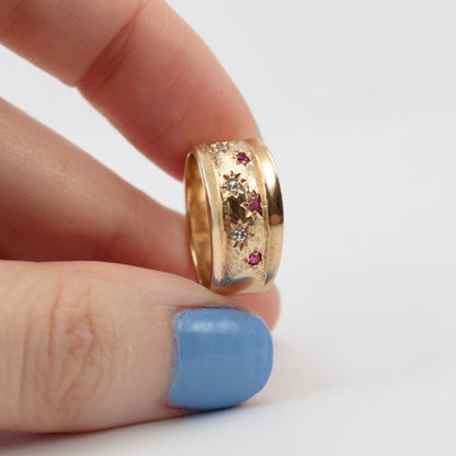 Vintage 9ct Gold Star Set Gemstone Wide Band Ring, 1962