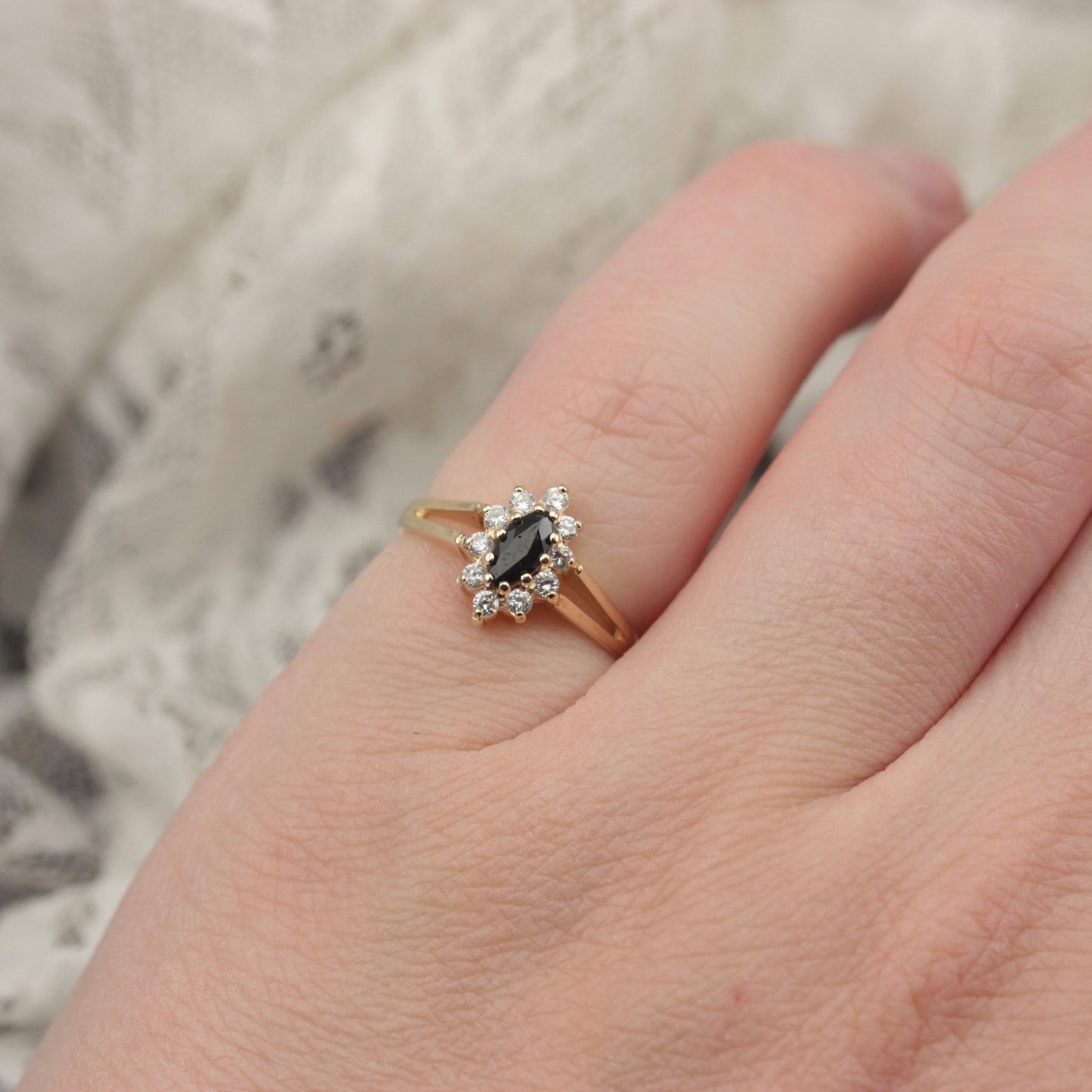 Vintage 9ct Gold Black Sapphire and CZ Marquise Cluster Ring, 1980s