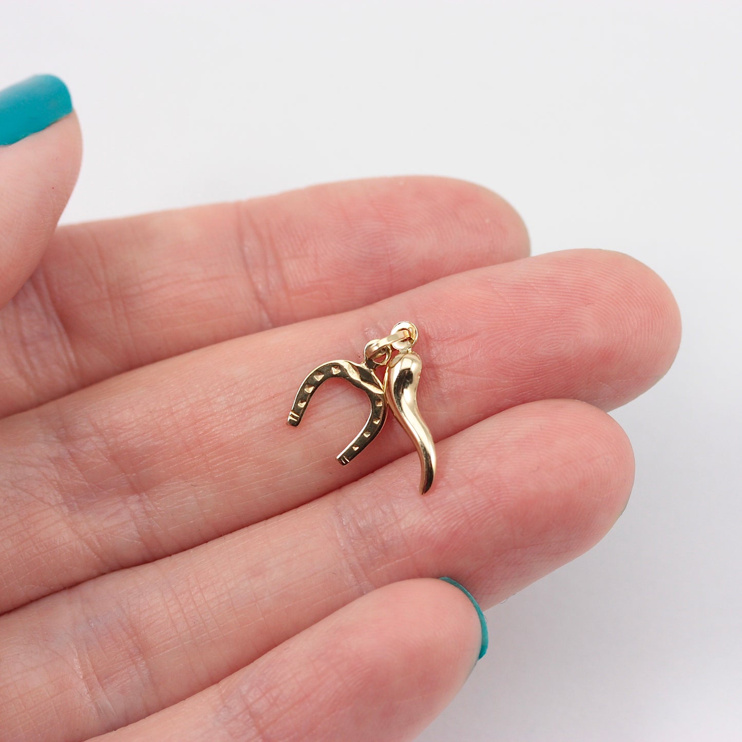 Small 9ct Gold Lucky Horseshoe & Cornicello / Horn of Life Charm