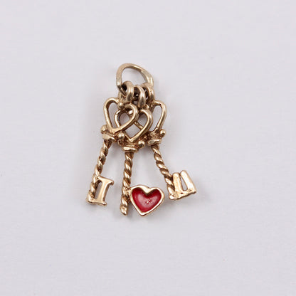 Vintage 9ct Gold Red Enamel I Love You Keys Charm, c1980s