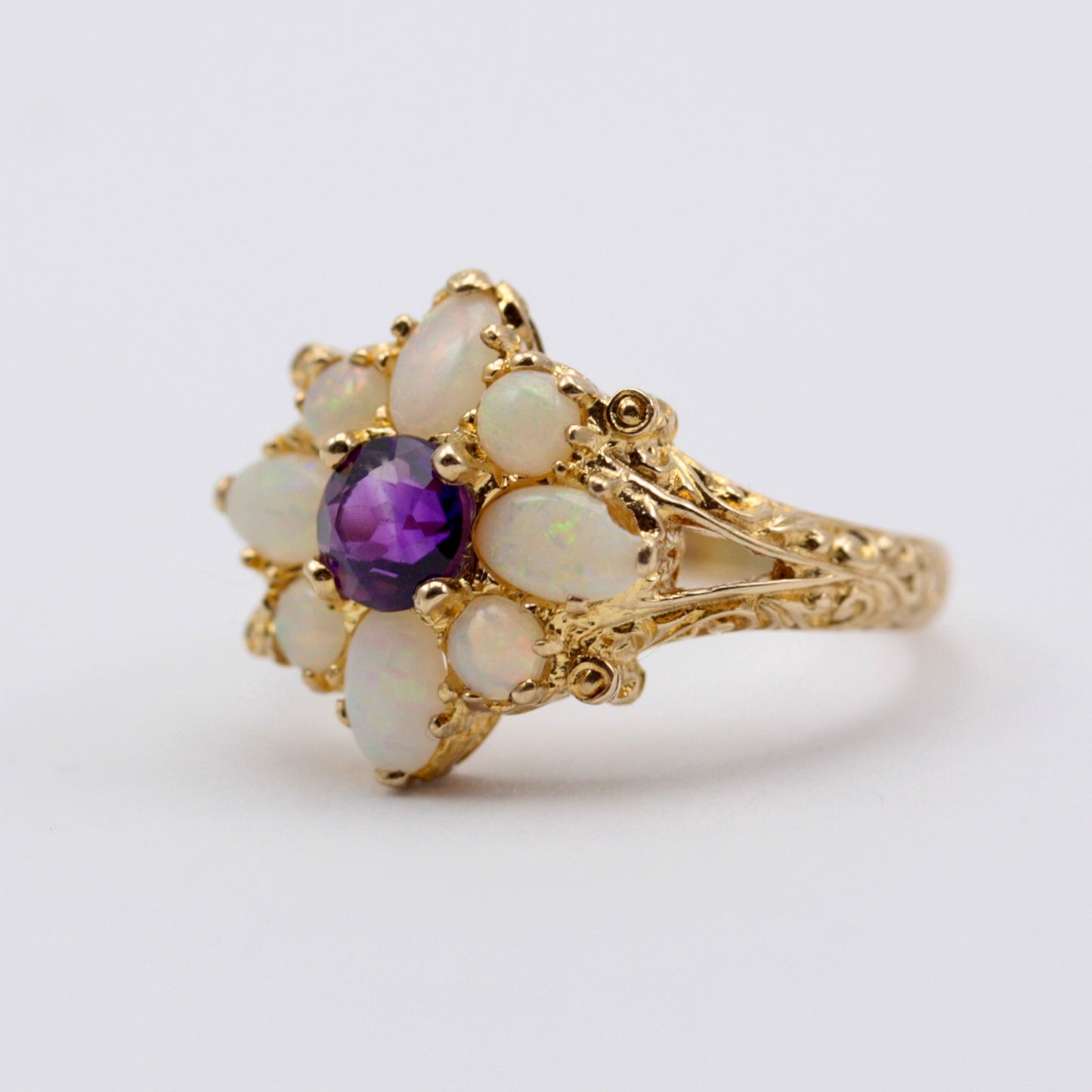 Vintage 9ct Gold Opal and Amethyst Cluster Ring, 1975