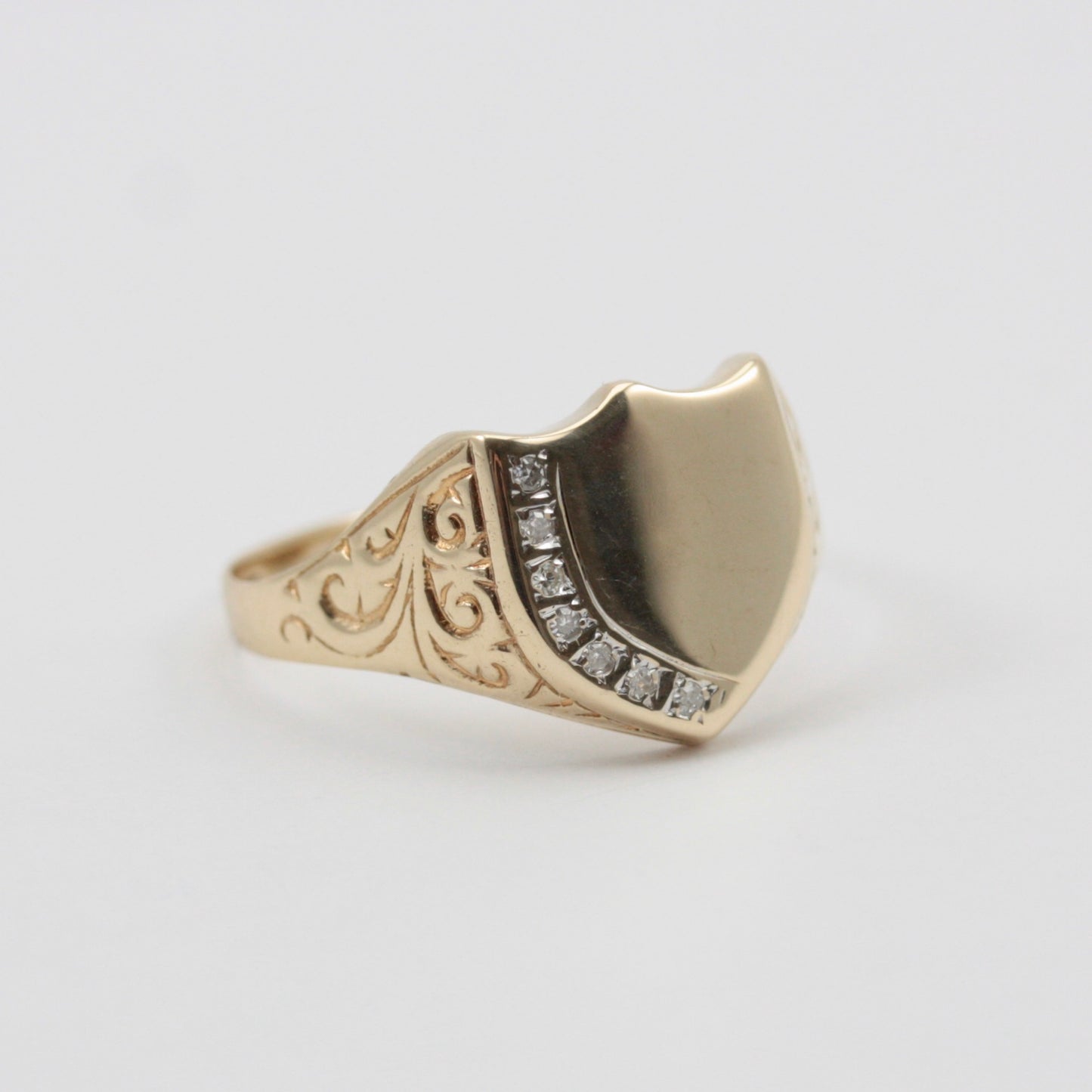 Vintage 9ct Gold Shield Signet Ring with Diamonds, 1993