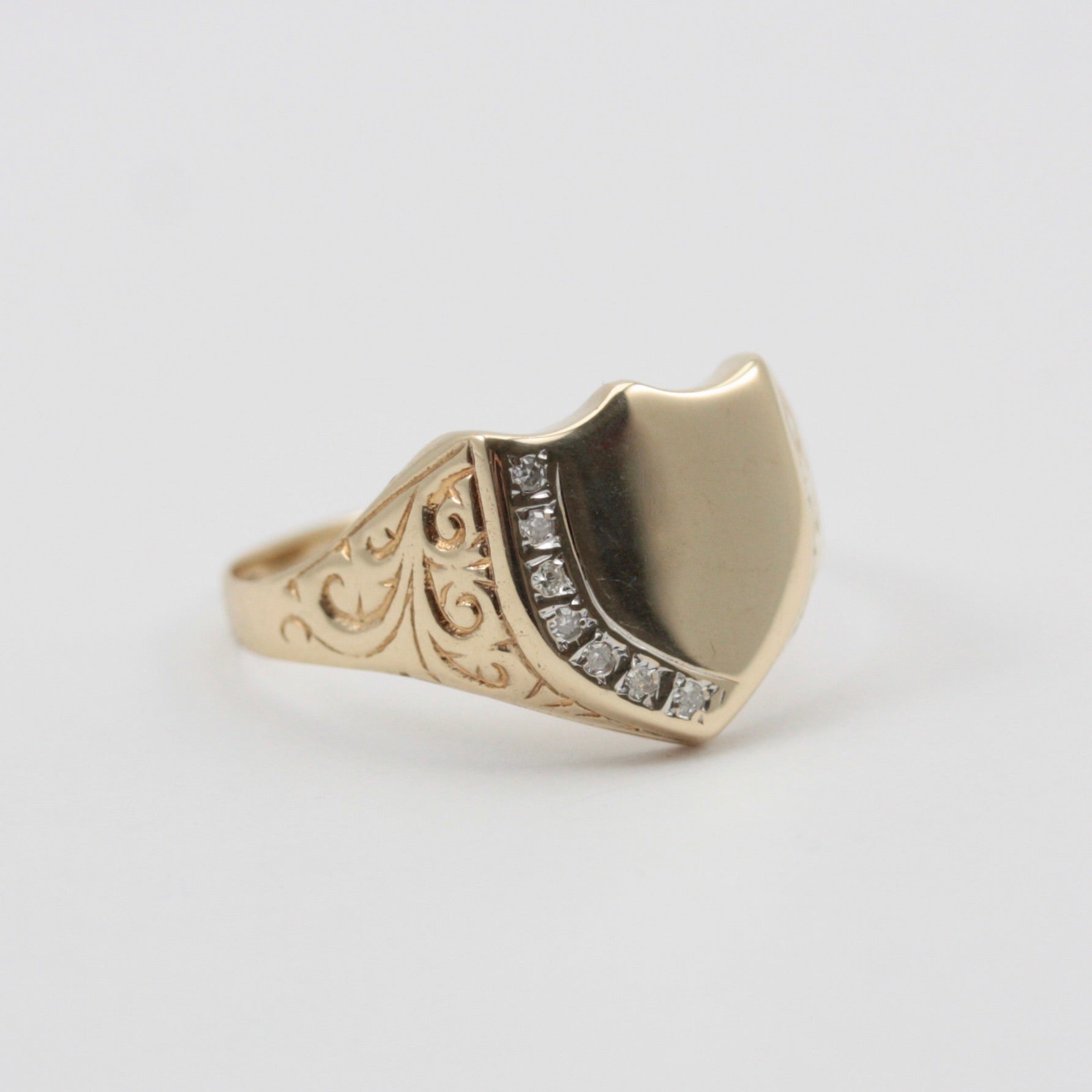 Vintage 9ct Gold Shield Signet Ring with Diamonds, 1993