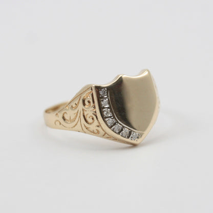 Vintage 9ct Gold Shield Signet Ring with Diamonds, 1993