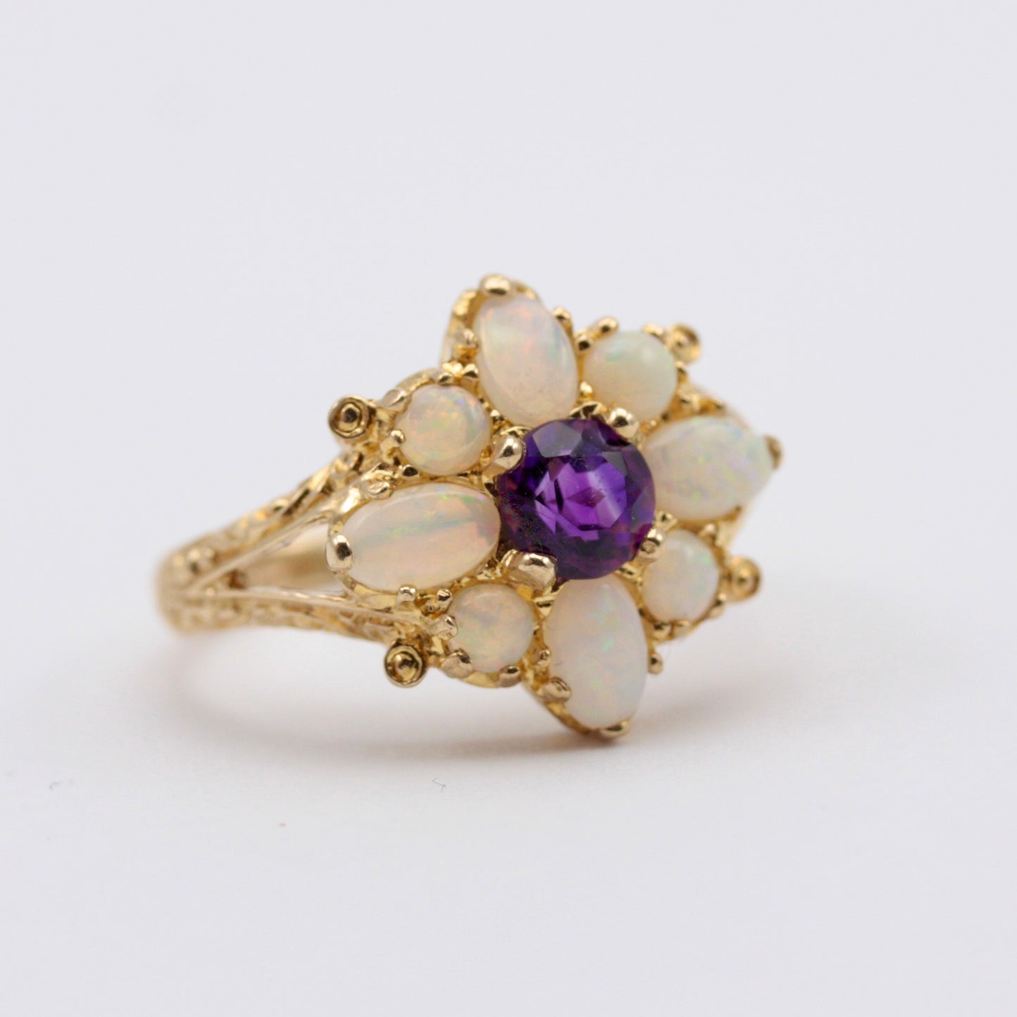 Vintage 9ct Gold Opal and Amethyst Cluster Ring, 1975
