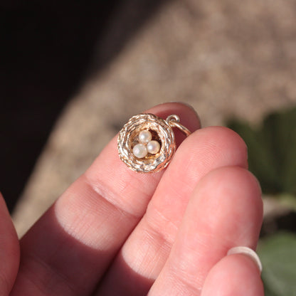 Vintage 9ct Gold Nest Charm with Three Pearl "Eggs" 1972