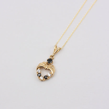 Vintage 9ct Gold Sapphire + CZ Open Heart Pendant with Chain, 1992