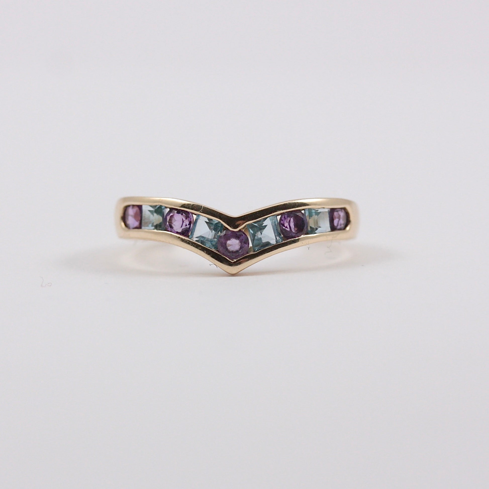 Pre-owned 9ct Gold Amethyst and Blue Topaz Wishbone Ring