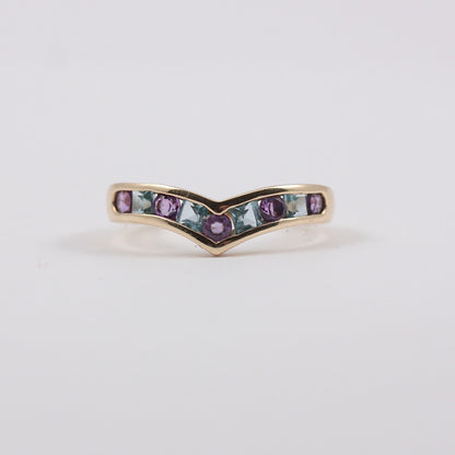  Pre-owned 9ct Gold Amethyst and Blue Topaz Wishbone Ring