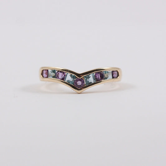  Pre-owned 9ct Gold Amethyst and Blue Topaz Wishbone Ring