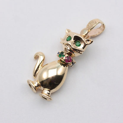 Modern Pre-owned 9ct Gold Cat Pendant set with Gemstones