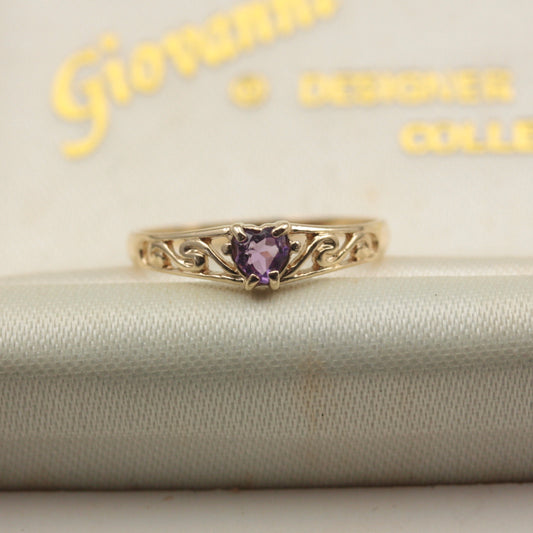 Dainty Late Vintage 9ct Gold and Amethyst Heart Ring