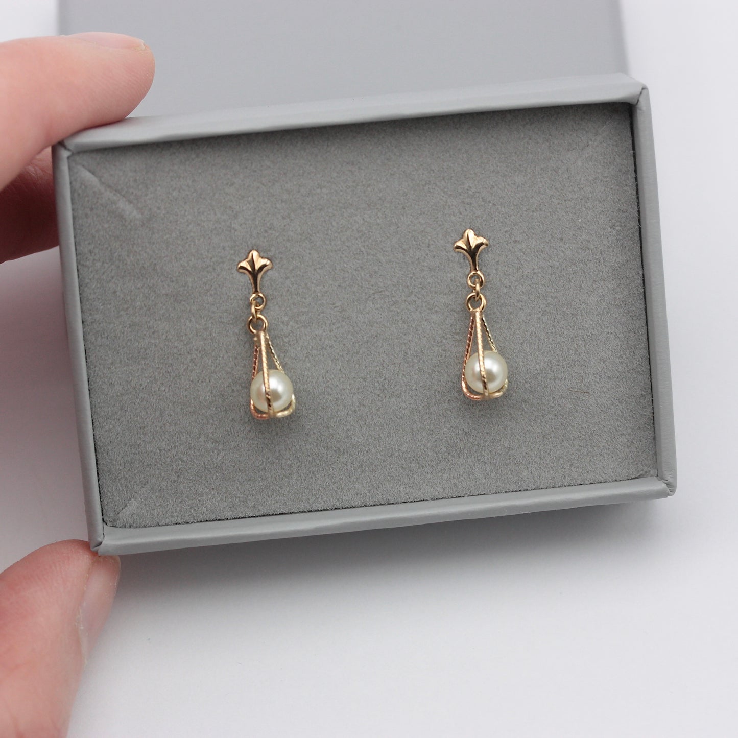 Vintage 9ct Gold Caged Pearl Dangle Earrings, 1980s