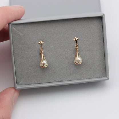 Vintage 9ct Gold Caged Pearl Dangle Earrings, 1980s