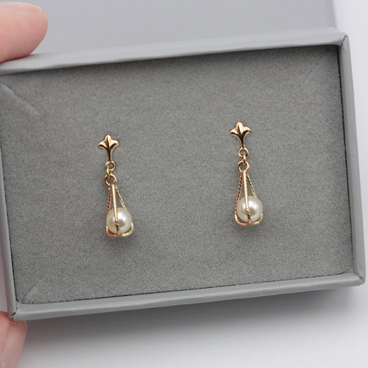 Vintage 9ct Gold Caged Pearl Dangle Earrings, 1980s