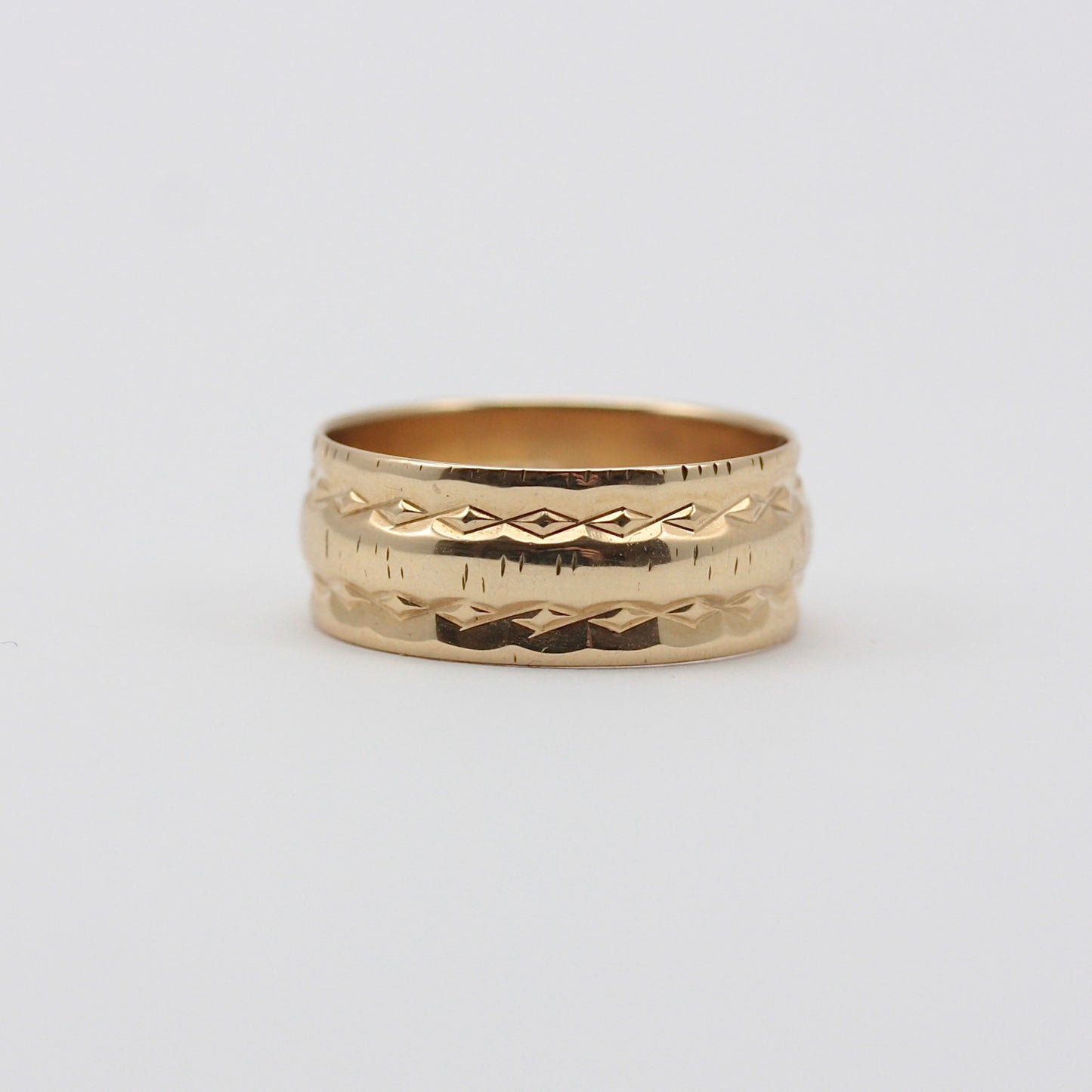 Vintage 9ct Gold Wide Patterned Band Ring, 7mm, 1973