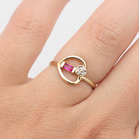 Pre-owned 14K Gold and Pink Topaz Heart and Rose Ring
