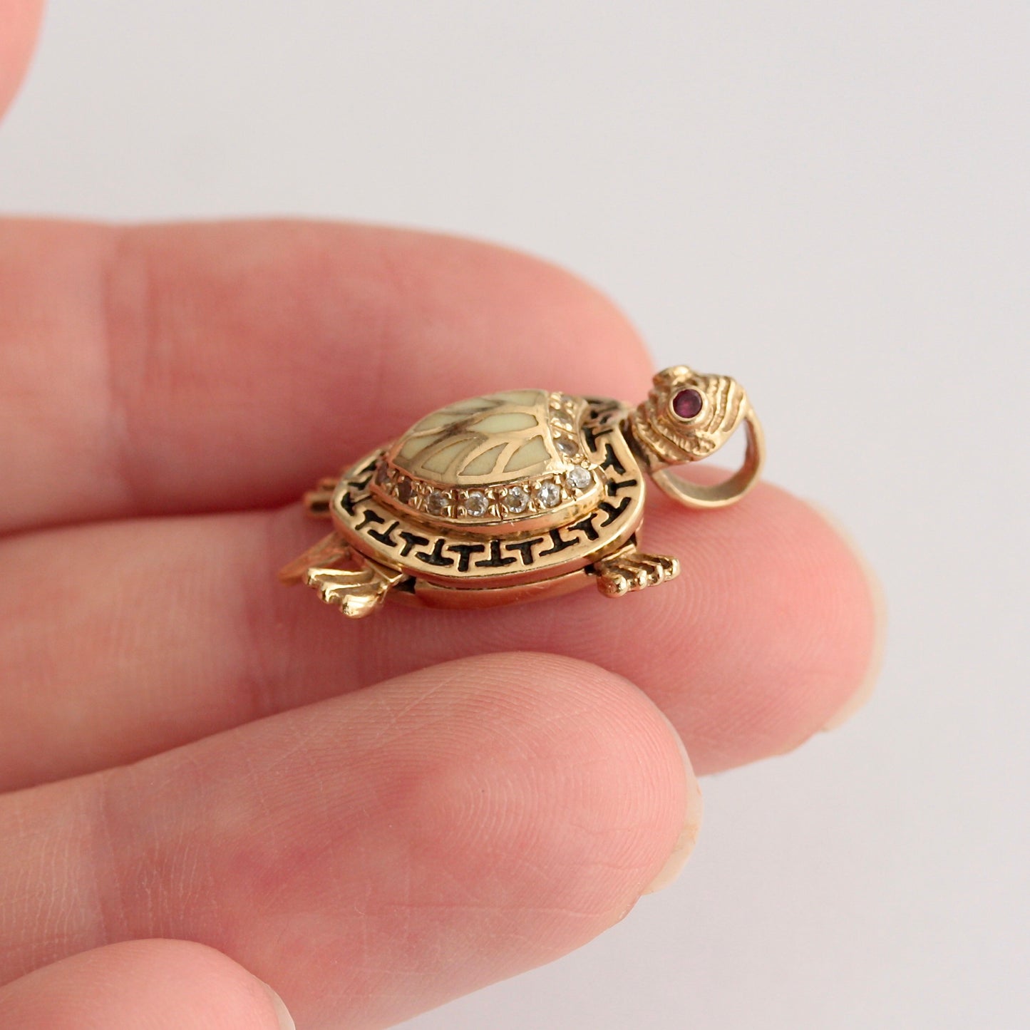 Vintage Articulated Turtle Pendant with Enamel Shell and Ruby Eyes