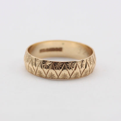 Vintage 9ct Gold Star Patterned Band Ring, 1986