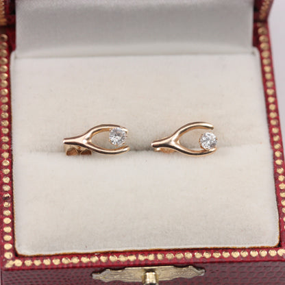 Vintage 9ct Gold and Crystal Wishbone Earrings, c1970s