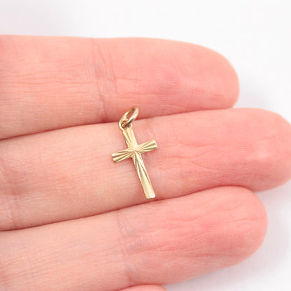 Small Vintage 9ct Gold Diamond Cut Cross Charm / Pendant, 1978