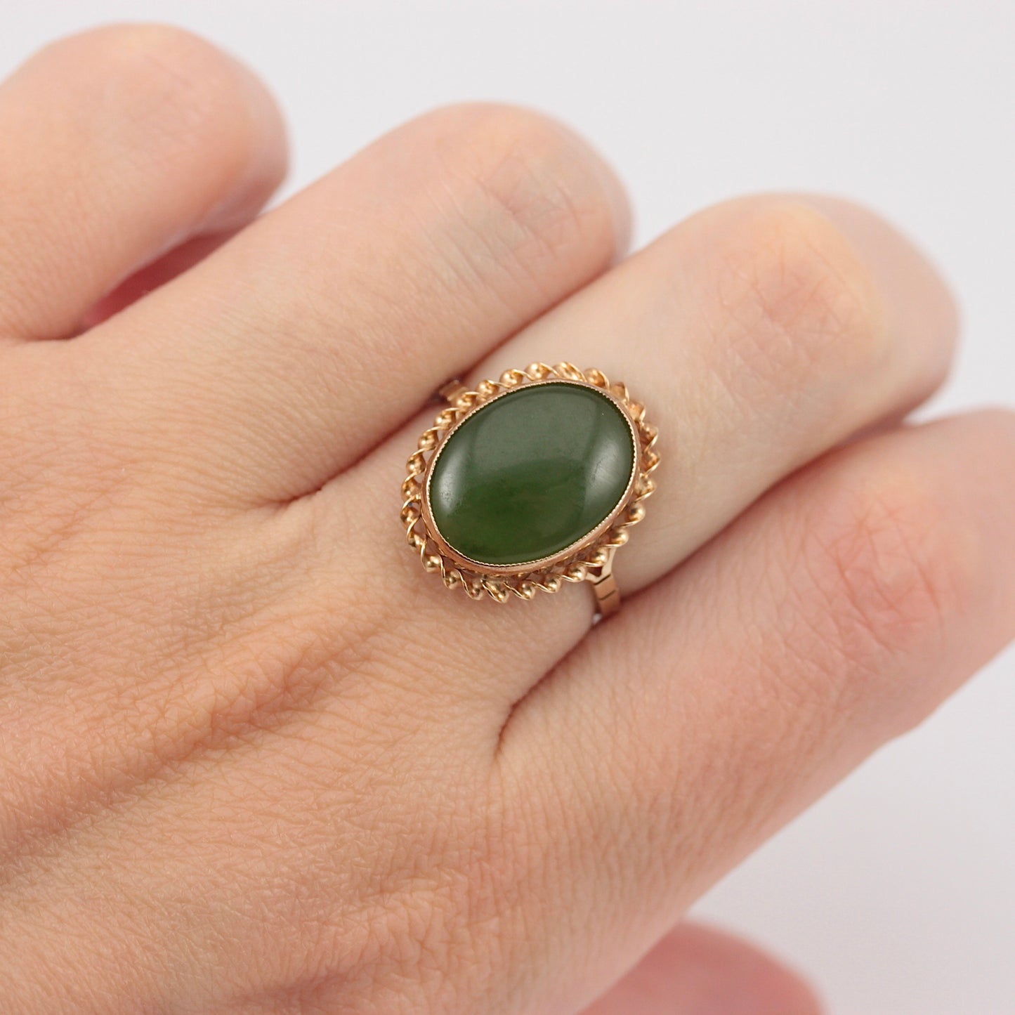 Vintage 9ct Gold Nephrite Jade Rope Frame Ring, 1990