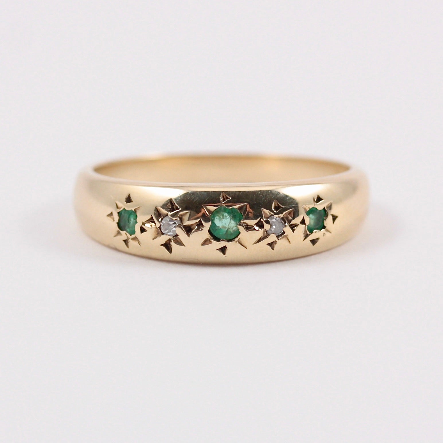 Vintage 9ct Gold Emerald & Diamond Gypsy Ring, 1979
