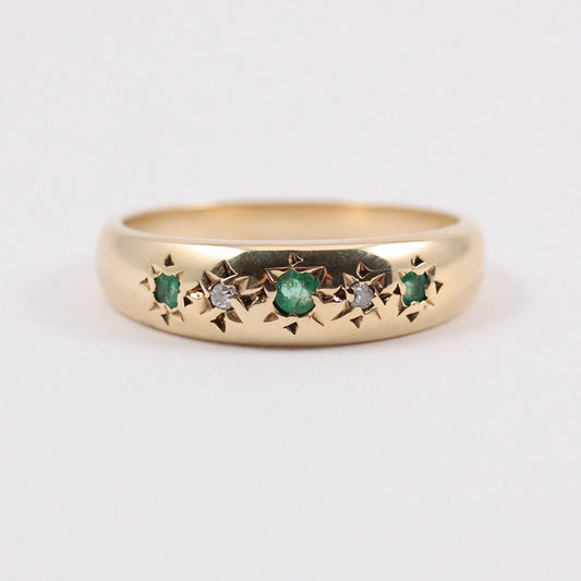 Vintage 9ct Gold Emerald & Diamond Gypsy Ring, 1979