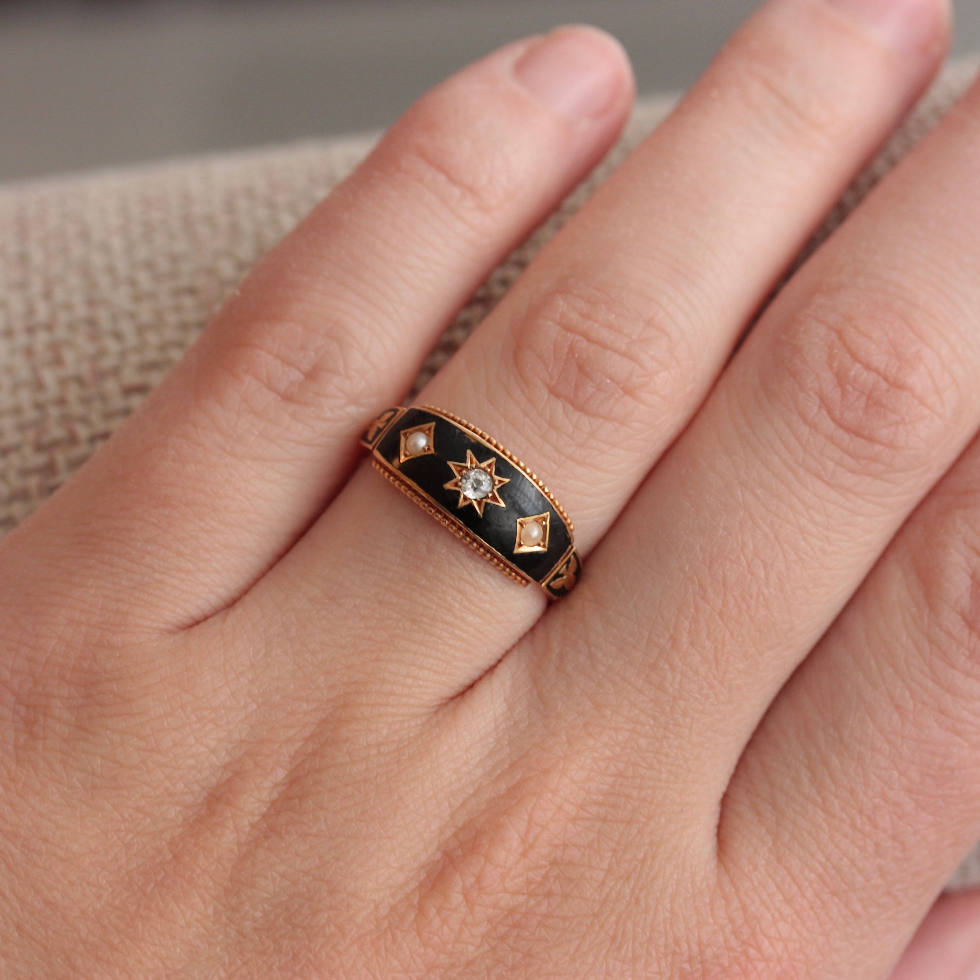 antique black enamel pearl and diamond ring