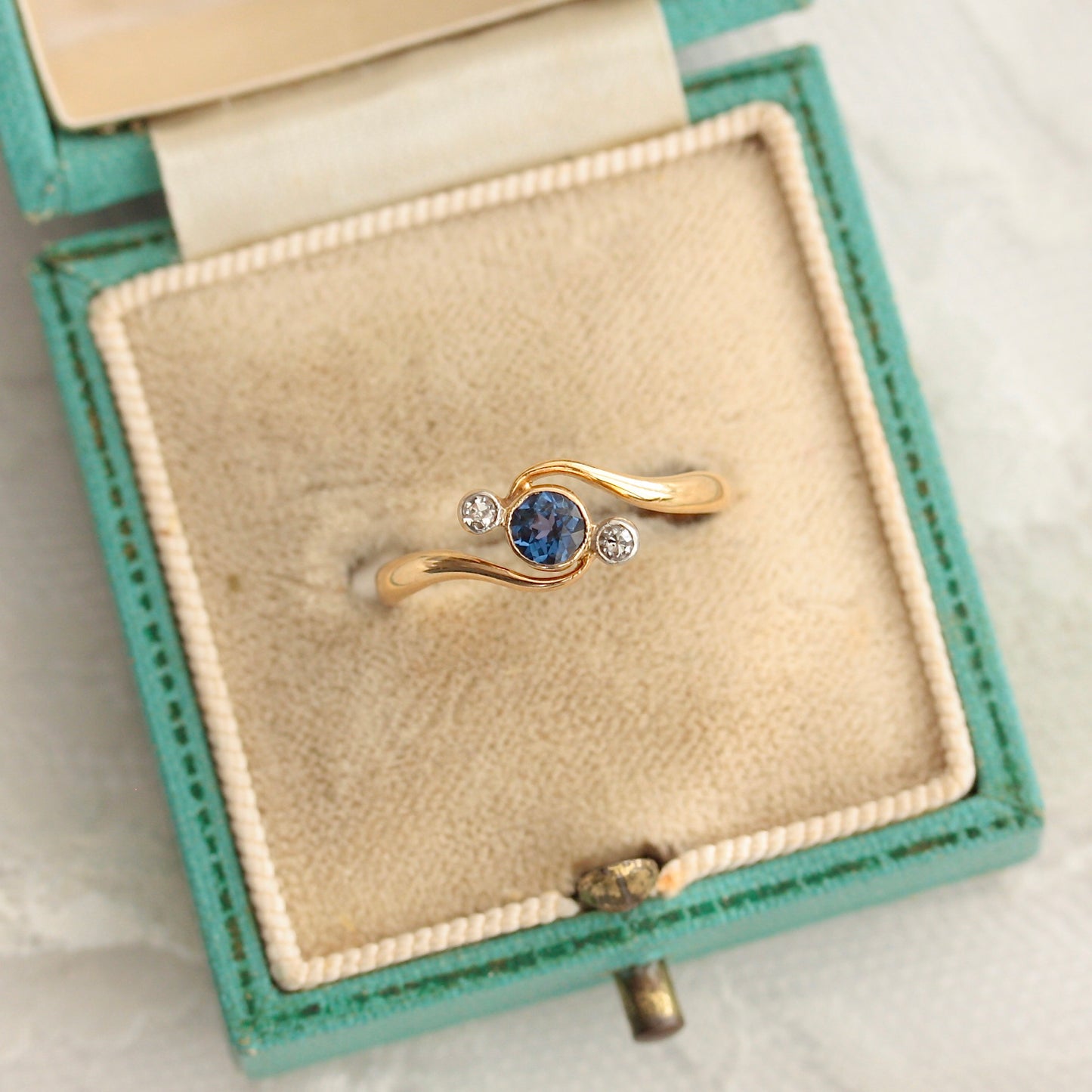 Art Deco Sapphire and Diamond Three Stone Crossover Ring