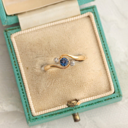 Art Deco Sapphire and Diamond Three Stone Crossover Ring