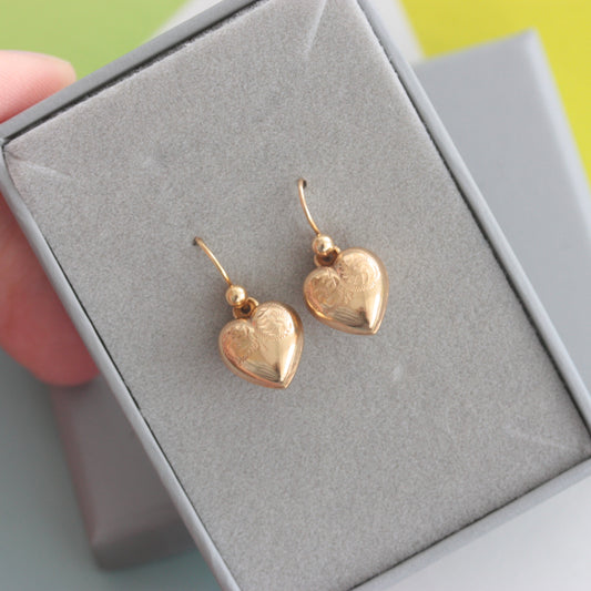vintage 1960s 9ct gold gold engraved heart earrings